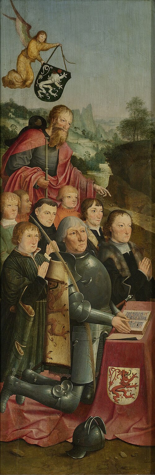 Memorial Panel with Eight Male Portraits, probably Willem Jelysz van Soutelande and Family, with Sai, 1517, Maître d'Alkmaar