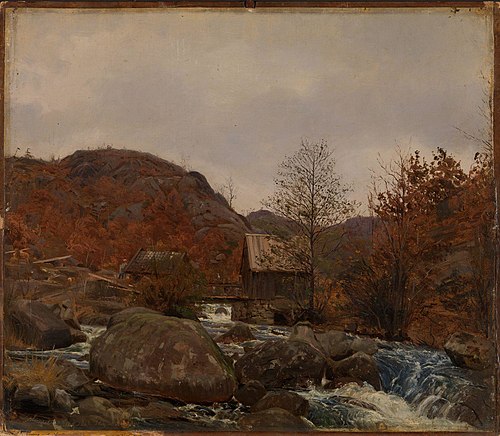 Mill at Frostestad near Mandal, 1863, Amaldus Nielsen
