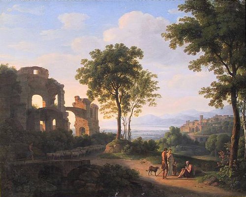 Sunlit ruin landscape with a family on a way and shepherd with sheeps, 1825, Johann Nepomuk Schödlberger