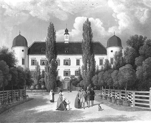 Vor dem Schloss (Wolfpassing?), 1838, Johann Nepomuk Schödlberger