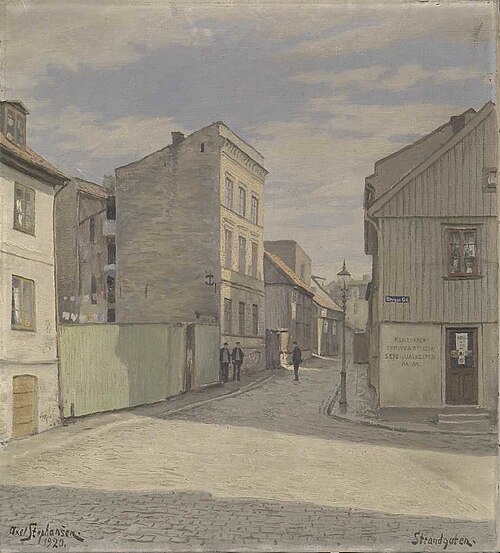 Hjørnet Strandgata og Bryggegata, 1920, Axel Stephansen