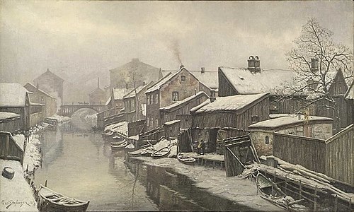 Akerselva fra Vaterlands bru mot Hausmanns bru., 1918, Axel Stephansen