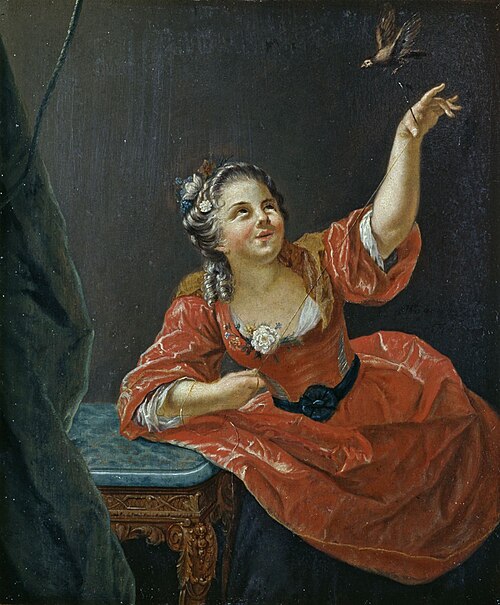 Dame in rood, spelend met vogel, 1747, Jan Wassenbergh
