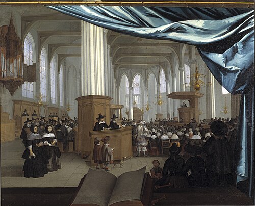 Interior of the Nieuwezijdskapel in Amsterdam during a service, 1658, Johannes Coesermans