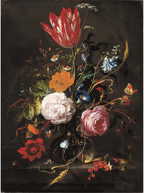 Un vase de crystal, rempli de fleurs de différantes espèces, 1680, Jan Davidszoon de Heem