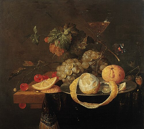 Still life with a half-peeled lemon on a pewter plate, 1652, Jan Davidszoon de Heem