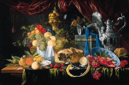 A pie and a partly peeled lemon with crayfish and shrimp in a kraak porcelain bowl, fruit and ewer o, 1649, Jan Davidszoon de Heem