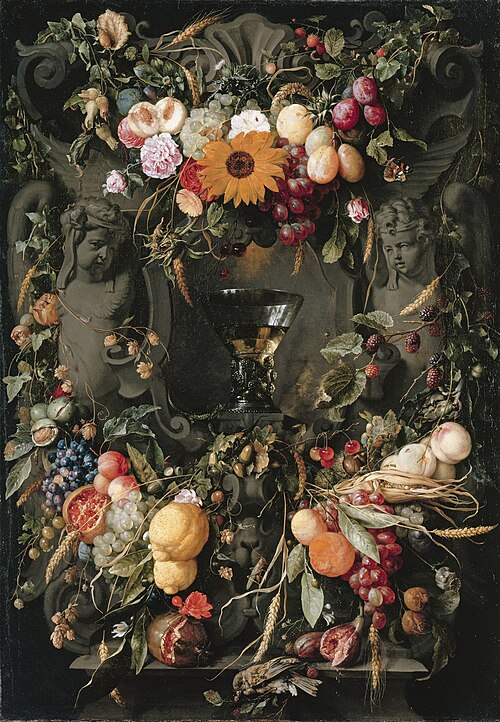 Cartouche with fruit and flowers and wine glass, 1651, Jan Davidszoon de Heem