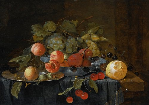 Still life of fruit on a pewter plate and in a Wan-li Kraak bowl, 1653, Jan Davidszoon de Heem