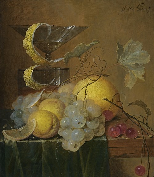 Still Life with a Wine Glass, Lemon Peel, Peaches, Grapes and Cherries on the Corner of a Partly Dra, 1643, Jan Davidszoon de Heem
