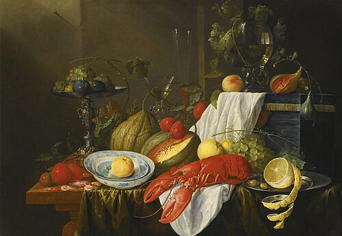 Still life with a lobster, peaches, Wanli dishes holding an orange, grapes, melons, plums, figs, shr, 1650, Jan Davidszoon de Heem