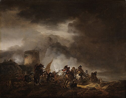 Battle between horsemen and foot soldiers in front of a fortification, 1647, Philips Wouwerman