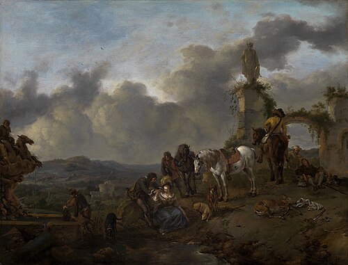 Italianate landscape with a resting hunting party, 1653, Philips Wouwerman