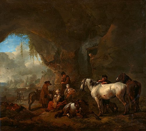 Travellers Resting in a Grotto, 1660, Philips Wouwerman