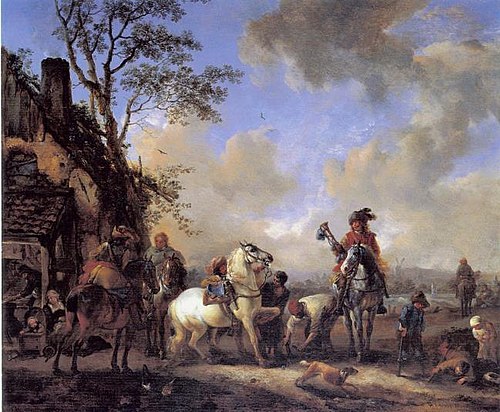 Landscape with horsemen, a smith and children, 1658, Philips Wouwerman