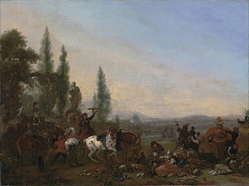 Hawking party resting by a fountain, 1660, Philips Wouwerman
