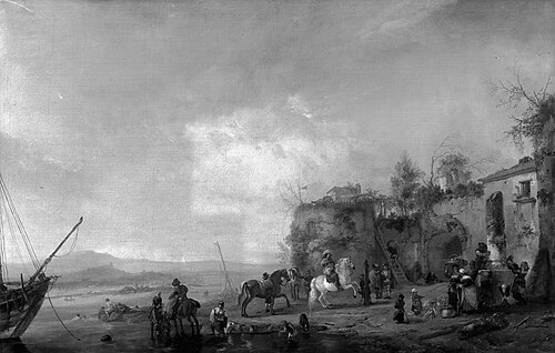 Riding school at the river bank, 1654, Philips Wouwerman