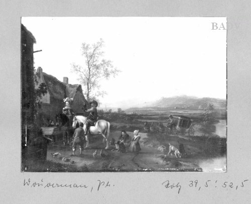 Horseman at an inn + landscape, 1644, Philips Wouwerman