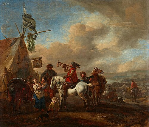 Soldaten beim Zelt einer Marketenderin mit einem Trompeter, , Philips Wouwerman