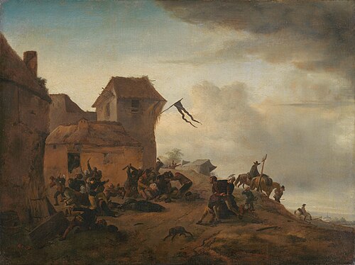 A peasant free-for-all near a village, 1650, Philips Wouwerman