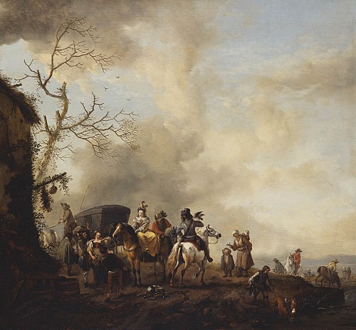 The Halt of a Hawking Party at a Wayside Inn, 1650, Philips Wouwerman