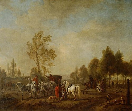 A Riding-School in the Open, with a Coach, 1667, Philips Wouwerman
