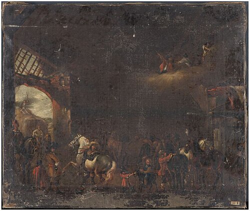 Gezicht in schuur, mannen, ruiters, paarden e.d., 1799, Philips Wouwerman