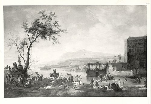 Italiaans rivierlandschap met een jachtpartij, 1652, Philips Wouwerman