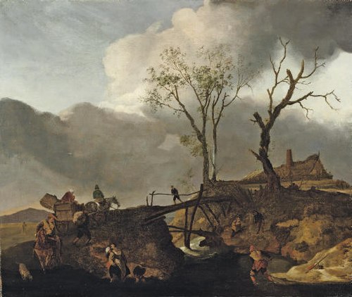 Landscape with stream and wooden bridge, 1666, Philips Wouwerman