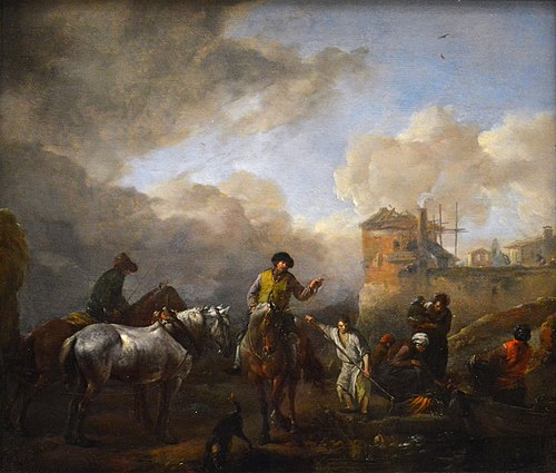 Attelage et Paysans sur le bord d'une rivière, 1650, Philips Wouwerman