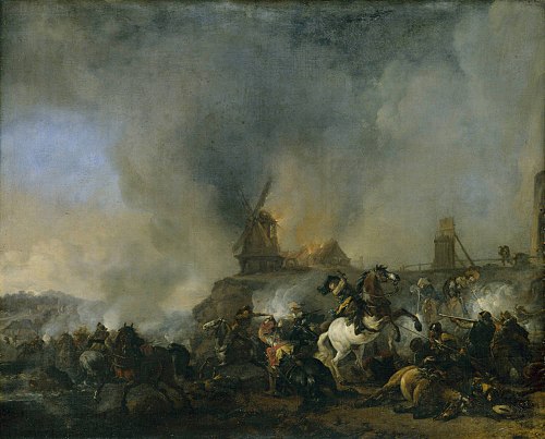 Cavalry in front of a Burning mill, 1660, Philips Wouwerman