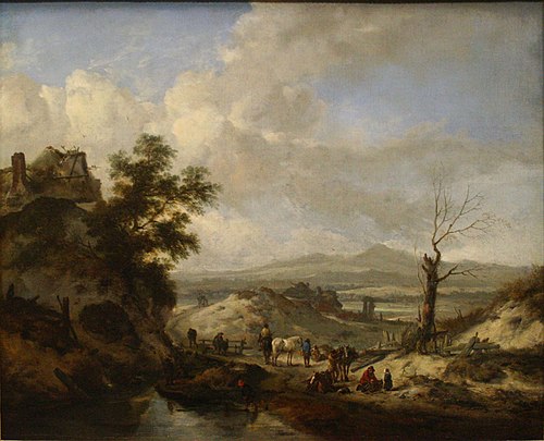 Dune landscape with travellers and wood gatherers, 1653, Philips Wouwerman
