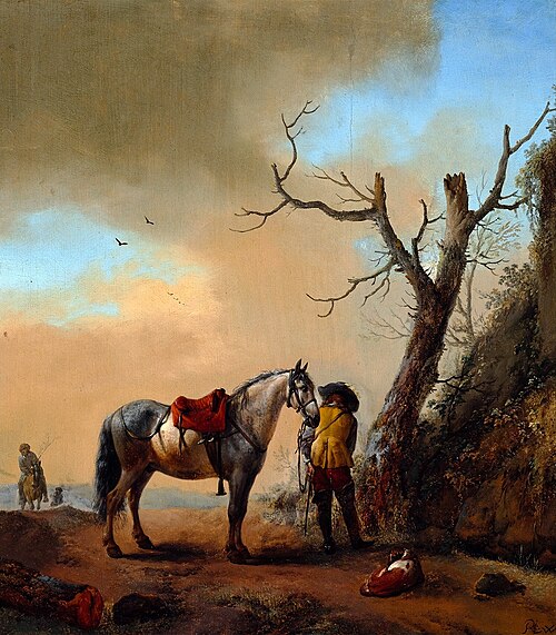 Soldat et son cheval (Paysage avec cheval gris et cavalier démonté)., 1647, Philips Wouwerman