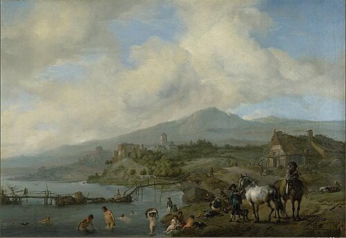 River Scene with Bathers, 1652, Philips Wouwerman
