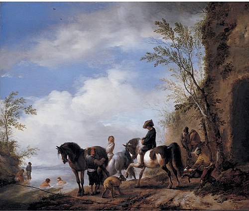 Landscape with three horses, horsemen and bathers near a river, 1650, Philips Wouwerman