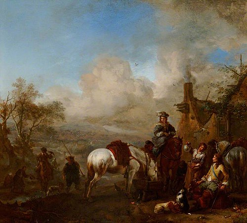 A Hawking Party Resting outside an Inn, 1656, Philips Wouwerman