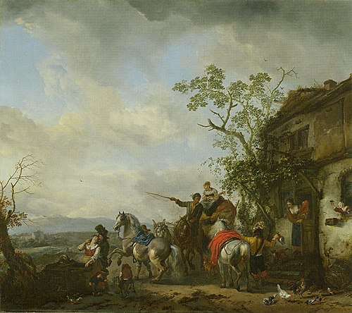 A hunting party halting at an inn, 1656, Philips Wouwerman