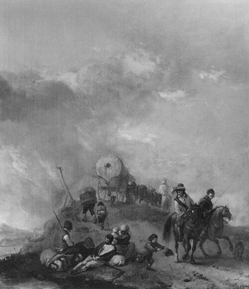 Landscape with peasants and hunters, 1650, Philips Wouwerman