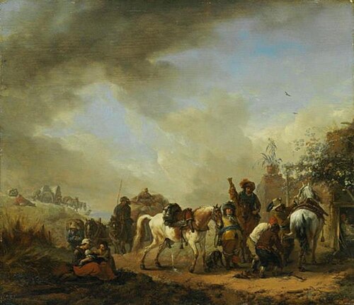 Landscape with horses at a blacksmith, 1654, Philips Wouwerman