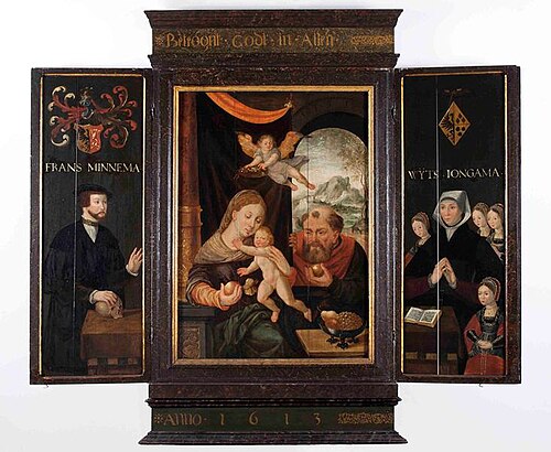 onderkant van Minnema-altaar middenpaneel drieluik: Maria met het kind Jezus op schoot, Jozef op ach, 1549, Bernard van Orley