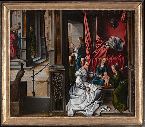 The Birth and Naming of Saint John the Baptist; (reverse) Trompe-l'oeil with Painting of The Man of , 1514, Bernard van Orley