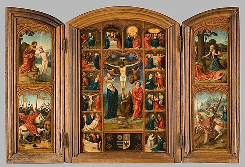 Drieluik met Christus aan het kruis en de zeven smarten en vreugden van Maria, , Bernard van Orley