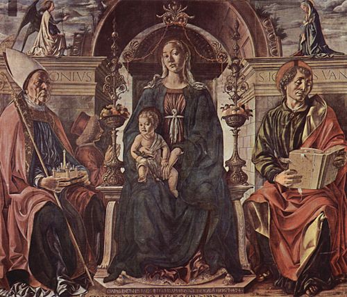 Vierge à l'Enfant en majesté entourée des saints Petronius et Jean, 1474, Francesco del Cossa