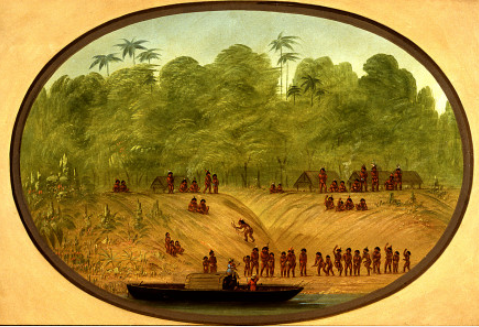 An Omagua Village - Boat Sketch, 1875, George Catlin