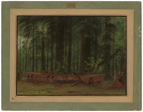 Excavating a Canoe - Nayas Indians, 1862, George Catlin
