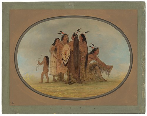 Four Mandan Warriors, a Girl, and a Boy, 1861, George Catlin
