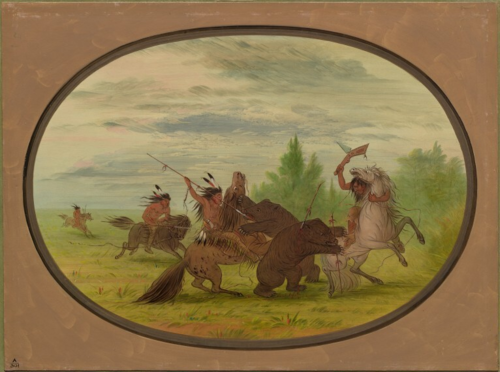 K'nisteneux Indians Attacking Two Grizzly Bears, 1861, George Catlin
