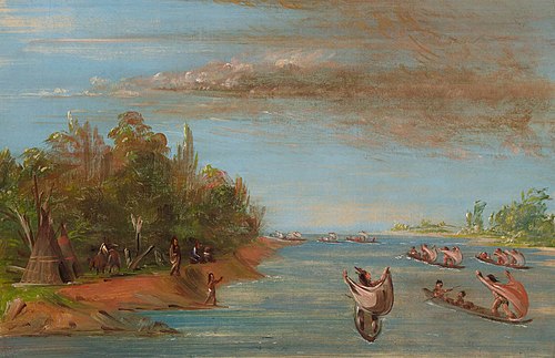 Sac and Fox Sailing in Canoes, 1838, George Catlin