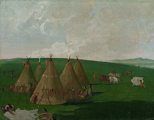 Sioux Encamped on the Upper Missouri, Dressing Buffalo Meat and Robes, 1832, George Catlin