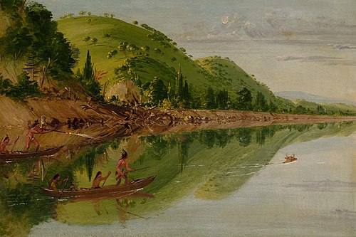 View on the St. Peter's River, Sioux Indians Pursuing a Stag in their Canoes, 1836, George Catlin
